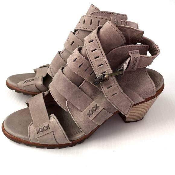 Sorel Nadia buckle stacked heel sandal strappy color is Kettle grey/beige - Picture 1 of 10